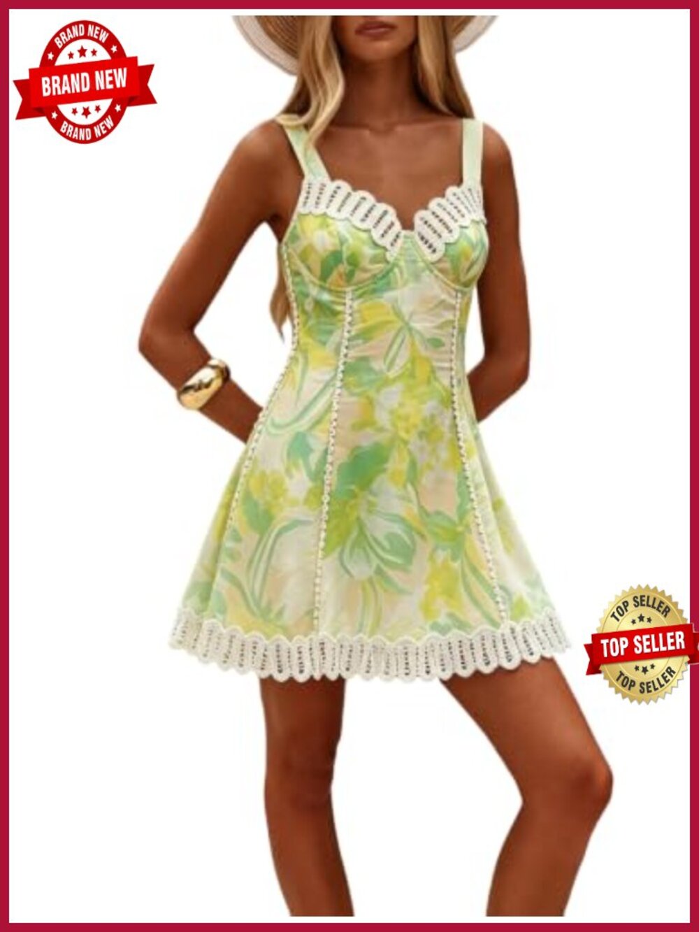 Boho Floral Mini Dress Lace Trim Adjustable Strap A-Line Sundress Beach